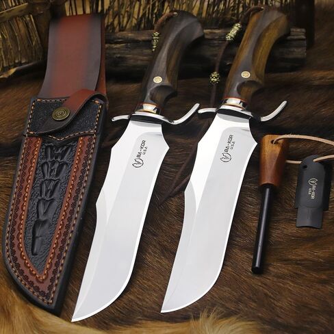 BA-KOR 8mm 9CR18MOV steel (14.8IN) sandalwood handle Bowie knife + sheath & (5.9IN) cerium igniter, suitable for outdoor hunting, camping, survival, EDC tool knives in Saudi Arabia