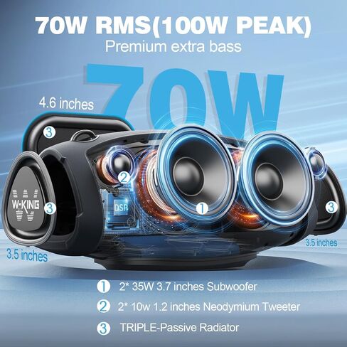 W-KING Portable Loud Bluetooth Speakers with Wireless Microphone, 70W Portable Outdoor Speakers Bluetooth Wireless Waterproof, Triple Passive Radiators-Deep Bass/Hi-fi/DSP/Power Bank/TF/AUX/EQ/Opener in Kuwait