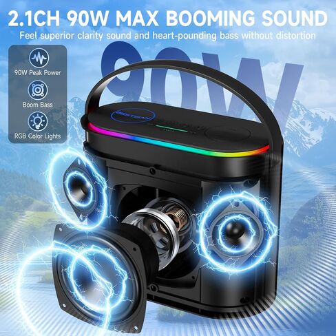 BESTISAN Bluetooth Speaker, 2.1CH 90W Stereo Sound, Built-in 50W Subwoofer, Upgraded 7 RGB Lights, TWS, 15H Play Portable Speaker, Deep Bass, Hands-Free Calling for Party, Camping, Travel, Garage in Kuwait