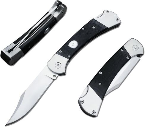 HUAAO Folding Knife 440C Stainless Steel Blade, Back lock G10 Handle with Leather Sheath, EDC Pocket Knives for Men (Black) in Saudi Arabia