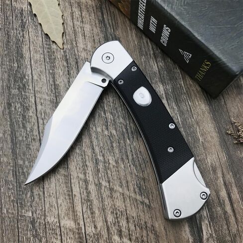 HUAAO Folding Knife 440C Stainless Steel Blade, Back lock G10 Handle with Leather Sheath, EDC Pocket Knives for Men (Black) in Saudi Arabia