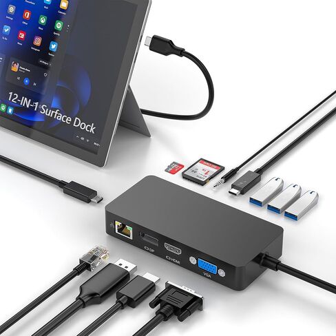 Surface Docking Station, 12-in-1 Triple Display Dual 4K HDMI & DP & VGA, Ethernet, USB Hub, Surface Pro Dock for Surface Pro 12/11/10/9/8/X/7/6/5/4/3, Surface Laptop 7/6/5/4/3/2/1, Surface Book Go in Kuwait
