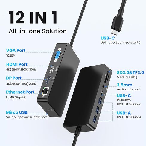 Surface Docking Station, 12-in-1 Triple Display Dual 4K HDMI & DP & VGA, Ethernet, USB Hub, Surface Pro Dock for Surface Pro 12/11/10/9/8/X/7/6/5/4/3, Surface Laptop 7/6/5/4/3/2/1, Surface Book Go in Kuwait