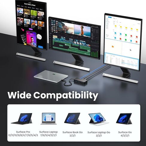 Surface Docking Station, 12-in-1 Triple Display Dual 4K HDMI & DP & VGA, Ethernet, USB Hub, Surface Pro Dock for Surface Pro 12/11/10/9/8/X/7/6/5/4/3, Surface Laptop 7/6/5/4/3/2/1, Surface Book Go in Kuwait
