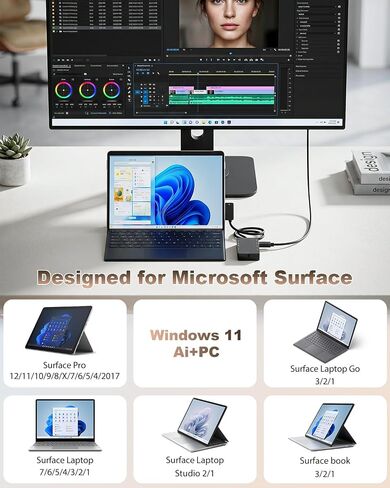 Surface Docking Station (2026 Upgraded), 4K@60Hz HDMI Microsoft Surface Dock for Surface Pro 12/11/10/9/8/7/6/5/4/3, Surface Laptop 7/6/5/4, Surface Go/Book/Laptop Go in Kuwait