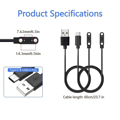 2-Pack Smart Watch Universal Charger Magnetic, da fit Watch Accessories 60cm USB 2 Pin 7.62mm Magnetic Charging Cable Compatible with All 2-Pin 7.5mm - 8mm Pin-Pitch Smartwatch (USB-A + USB-C) in Kuwait