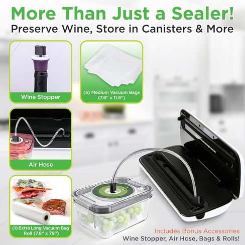 NutriChef Vacuum Sealer For Food - Automatic Air Sealing Machine for Dry & Moist Foods, LED Touch Controls, Includes Vacuum Bags, Hose & Wine Stopper, High Suction Power in Kuwait