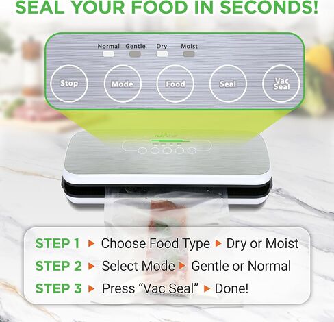 NutriChef Vacuum Sealer For Food - Automatic Air Sealing Machine for Dry & Moist Foods, LED Touch Controls, Includes Vacuum Bags, Hose & Wine Stopper, High Suction Power in Kuwait