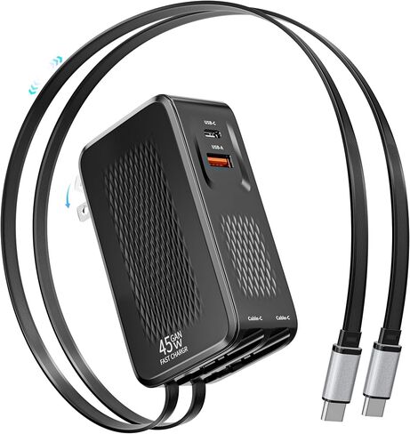 45W Retractable Wall Charger with Dual USB C Charging Cable 4 in 1 GaN Wall Plug,Retractable USB C Charger 2-Port Travel Foldable Block Multiport Compatible with iPhone 17/17e/16/15,iPad Pro/Air/Mini in Kuwait