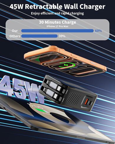 45W Retractable Wall Charger with Dual USB C Charging Cable 4 in 1 GaN Wall Plug,Retractable USB C Charger 2-Port Travel Foldable Block Multiport Compatible with iPhone 17/17e/16/15,iPad Pro/Air/Mini in Kuwait