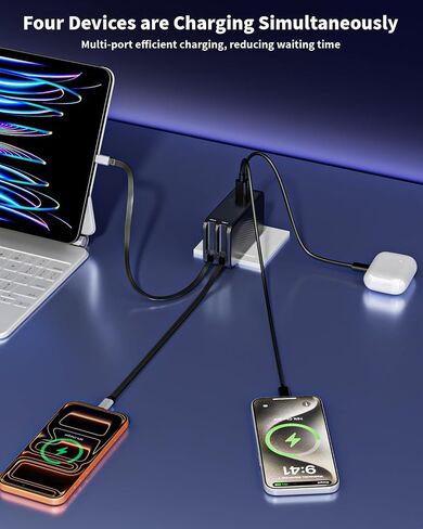 45W Retractable Wall Charger with Dual USB C Charging Cable 4 in 1 GaN Wall Plug,Retractable USB C Charger 2-Port Travel Foldable Block Multiport Compatible with iPhone 17/17e/16/15,iPad Pro/Air/Mini in Kuwait
