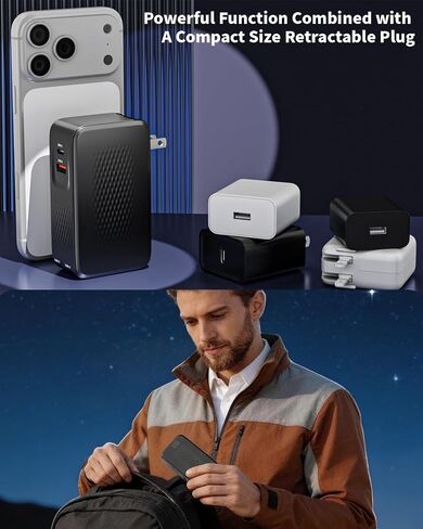 45W Retractable Wall Charger with Dual USB C Charging Cable 4 in 1 GaN Wall Plug,Retractable USB C Charger 2-Port Travel Foldable Block Multiport Compatible with iPhone 17/17e/16/15,iPad Pro/Air/Mini in Kuwait