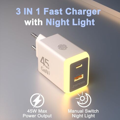 45W USB C Charger Block,USB C Travel Wall Charger with Night Light(Touch Switch),GaN 2 Port Fast Charging for iPhone 17/17 Pro/17 Pro Max/16/15/14/13/12 (European Standard) in Kuwait