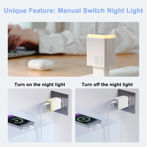 45W USB C Charger Block,USB C Travel Wall Charger with Night Light(Touch Switch),GaN 2 Port Fast Charging for iPhone 17/17 Pro/17 Pro Max/16/15/14/13/12 (European Standard) in Kuwait
