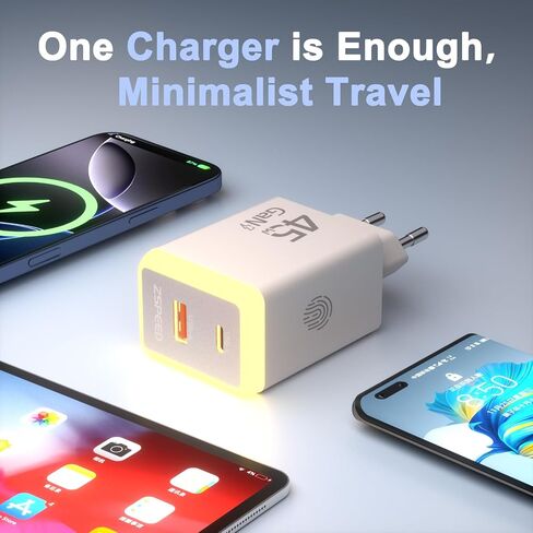 45W USB C Charger Block,USB C Travel Wall Charger with Night Light(Touch Switch),GaN 2 Port Fast Charging for iPhone 17/17 Pro/17 Pro Max/16/15/14/13/12 (European Standard) in Kuwait