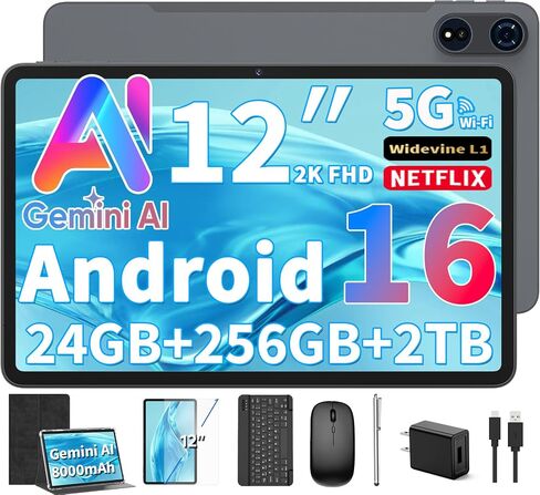 12 inch Tablet with Keyboard - 2026 Gemini AI Android 16 Tablet, Black Case in Kuwait