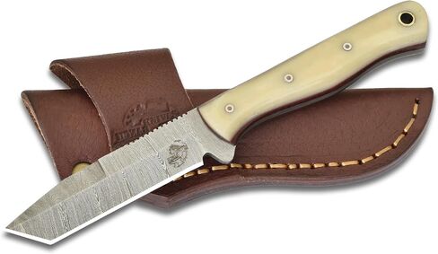 Knives Ranch Handmade 7 inch EDC Tanto Knife - Full Tang Damascus Steel Blade - Compact Everyday Ranch Utility Knife - Bone Handle - Genuine Leather Sheath - Horizontal Belt Carry (Snug Fit) in Kuwait