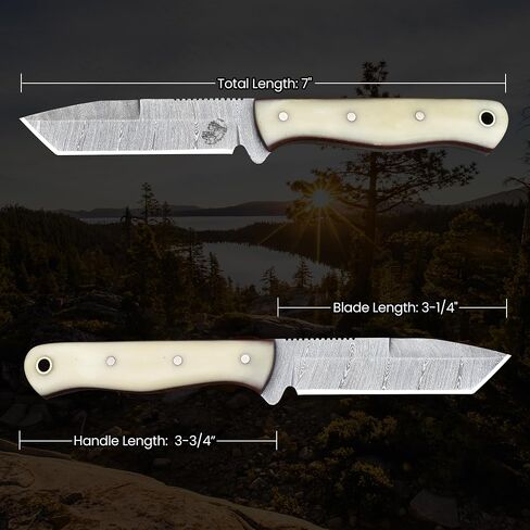Knives Ranch Handmade 7 inch EDC Tanto Knife - Full Tang Damascus Steel Blade - Compact Everyday Ranch Utility Knife - Bone Handle - Genuine Leather Sheath - Horizontal Belt Carry (Snug Fit) in Kuwait