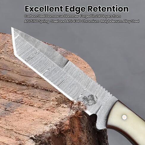 Knives Ranch Handmade 7 inch EDC Tanto Knife - Full Tang Damascus Steel Blade - Compact Everyday Ranch Utility Knife - Bone Handle - Genuine Leather Sheath - Horizontal Belt Carry (Snug Fit) in Kuwait