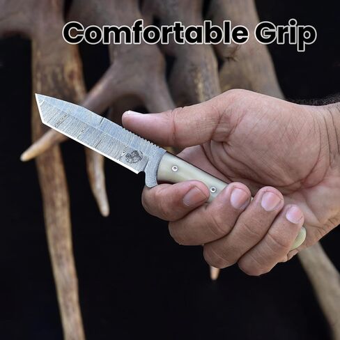 Knives Ranch Handmade 7 inch EDC Tanto Knife - Full Tang Damascus Steel Blade - Compact Everyday Ranch Utility Knife - Bone Handle - Genuine Leather Sheath - Horizontal Belt Carry (Snug Fit) in Kuwait