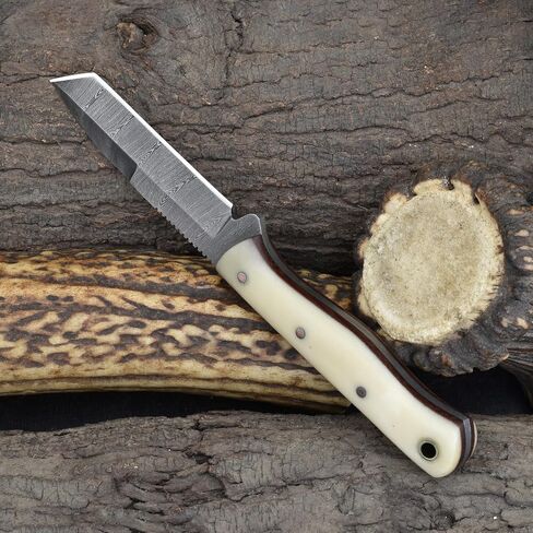 Knives Ranch Handmade 7 inch EDC Tanto Knife - Full Tang Damascus Steel Blade - Compact Everyday Ranch Utility Knife - Bone Handle - Genuine Leather Sheath - Horizontal Belt Carry (Snug Fit) in Kuwait