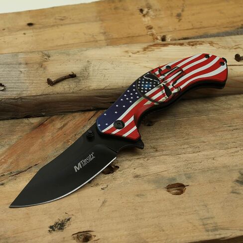 MTech USA MT-A1025A Spring Assist Folding Knife, Black Straight Edge Blade, American Flag Handle, 4.75-Inch Closed in Kuwait