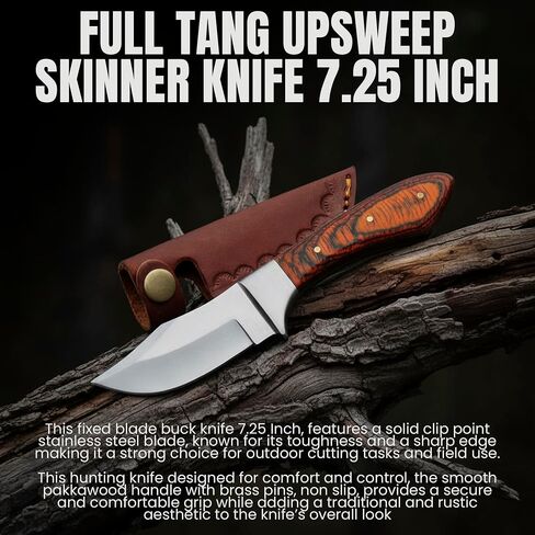 SZCO Full Tang Upsweep Skinner Knife 7.25 Inch - Camping Knife with Pakkawood Handle, Stainless Steel Blade & Sheath - Brown Pocket Knife for Hunting, Cutting & Outdoor uses - Knives for Men in Saudi Arabia
