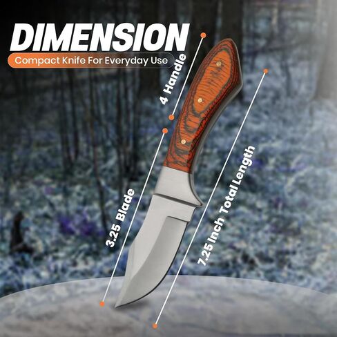 SZCO Full Tang Upsweep Skinner Knife 7.25 Inch - Camping Knife with Pakkawood Handle, Stainless Steel Blade & Sheath - Brown Pocket Knife for Hunting, Cutting & Outdoor uses - Knives for Men in Saudi Arabia