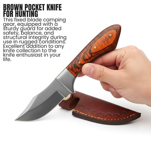 SZCO Full Tang Upsweep Skinner Knife 7.25 Inch - Camping Knife with Pakkawood Handle, Stainless Steel Blade & Sheath - Brown Pocket Knife for Hunting, Cutting & Outdoor uses - Knives for Men in Saudi Arabia