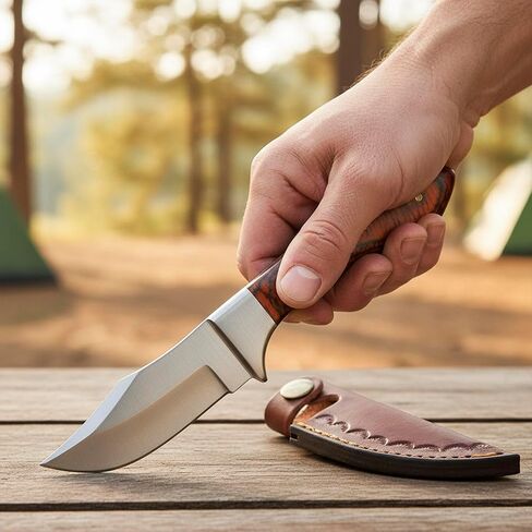 SZCO Full Tang Upsweep Skinner Knife 7.25 Inch - Camping Knife with Pakkawood Handle, Stainless Steel Blade & Sheath - Brown Pocket Knife for Hunting, Cutting & Outdoor uses - Knives for Men in Saudi Arabia