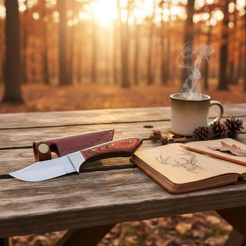 SZCO Full Tang Upsweep Skinner Knife 7.25 Inch - Camping Knife with Pakkawood Handle, Stainless Steel Blade & Sheath - Brown Pocket Knife for Hunting, Cutting & Outdoor uses - Knives for Men in Saudi Arabia