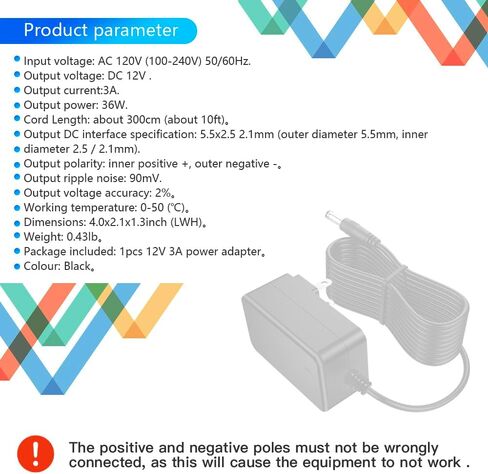10FT 12V 3A AC Adapter 12Volt Power Supply Charger Cord 100-240V AC to DC 12 Volt 3 Amp for LED Strip Lights CCTV BT Speaker DC12V Charger 3M in Saudi Arabia