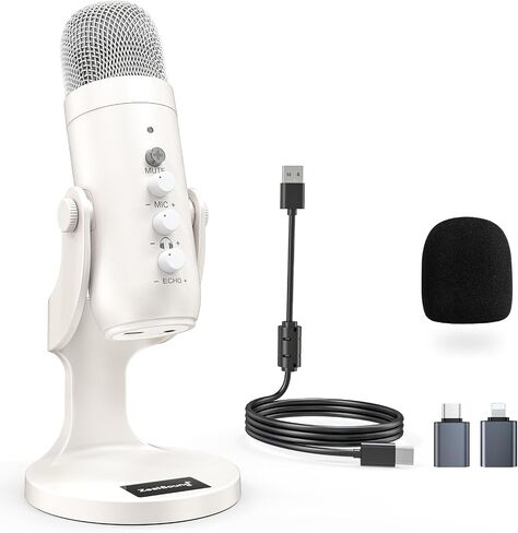ZealSound USB Microphone with Gain Control K66W White and Furry Windscreen d65K Bundle in Kuwait