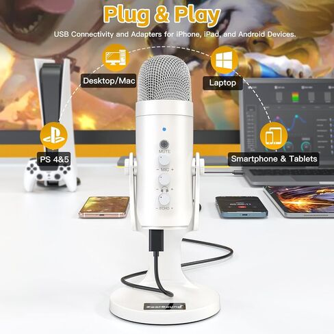ZealSound USB Microphone with Gain Control K66W White and Furry Windscreen d65K Bundle in Kuwait