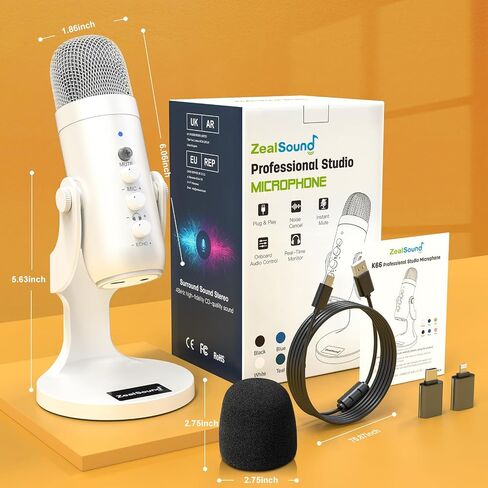 ZealSound USB Microphone with Gain Control K66W White and Furry Windscreen d65K Bundle in Kuwait