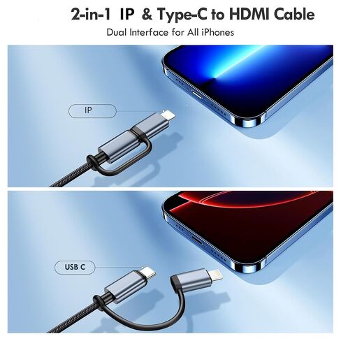 dibdib 2-in-1 IP & Type C to HDMI Cable,HDMI Converter Cable,YouTube TV Output,High Definition HD1080P for All iPhones(16/15/16/14/13/12)&iPad, 6.6Ft Grey in Saudi Arabia