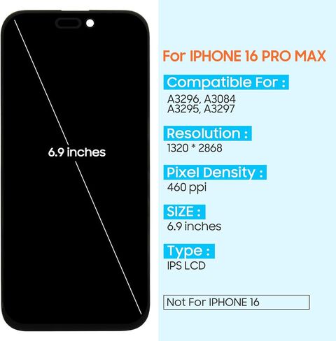 Screen Replacement for iPhone 16 Pro Max 6.9", Incell LCD Display Digitizer Assembly with Repair Tool Kit, Fit Models A3084 A3295 A3297 A3296, Black in Kuwait