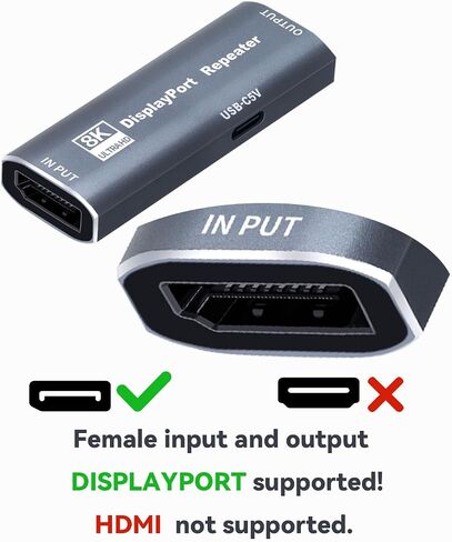 DisplayPort Repeater Amplifier Signal Booster - 4K@240Hz 33ft,4K@60Hz 82ft Extender, DisplayPort Booster Female to Female Plug & Play, for Gaming/VR/Home TheaterDisplayPort Extender-Gray in Kuwait