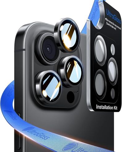 UltraGlass for iPhone 16 Pro Max/16 Pro Camera Lens Protector [NO.1 Military Grade Shatterproof] iPhone 16 Pro Max Camera Protector, 16 Pro Lens Cover [Longest Durable] Easy Install, Black Titanium in Kuwait