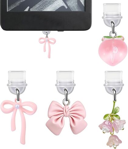 sunla 4Pcs Charms for Kindle, Pink Bow Dust Plug Charm Compatible with E-Reader, Phone, Ipad with Type C/USB C Charging Port-CP001 in Kuwait