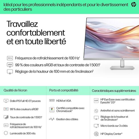 HP Series 5 527sh 27" FHD Height Adjust Monitor Refresh Rate 100Hz Response time 5ms GtG Contrast Ratio 1500:1 Edge-lit Flicker Free Anti-Glare HDMI VGA - 94C50AA in Kuwait