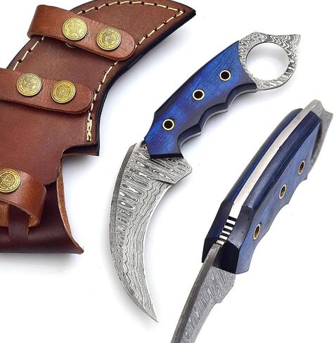 Handmade Damascus Steel Hunting Knife with Sheath | 7.5'’ EDC Fixed Blade Knives For Men and Women Demasticus Camping Survival Belt Knifes For Horizontal Carry with Blue Wood in Saudi Arabia