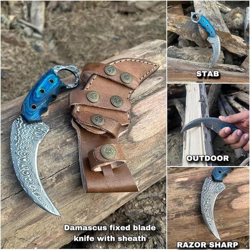 Handmade Damascus Steel Hunting Knife with Sheath | 7.5'’ EDC Fixed Blade Knives For Men and Women Demasticus Camping Survival Belt Knifes For Horizontal Carry with Blue Wood in Saudi Arabia