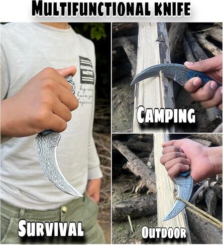 Handmade Damascus Steel Hunting Knife with Sheath | 7.5'’ EDC Fixed Blade Knives For Men and Women Demasticus Camping Survival Belt Knifes For Horizontal Carry with Blue Wood in Saudi Arabia