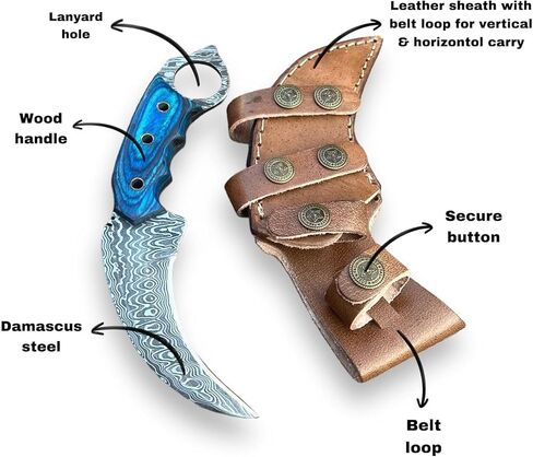 Handmade Damascus Steel Hunting Knife with Sheath | 7.5'’ EDC Fixed Blade Knives For Men and Women Demasticus Camping Survival Belt Knifes For Horizontal Carry with Blue Wood in Saudi Arabia