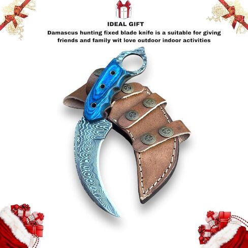 Handmade Damascus Steel Hunting Knife with Sheath | 7.5'’ EDC Fixed Blade Knives For Men and Women Demasticus Camping Survival Belt Knifes For Horizontal Carry with Blue Wood in Saudi Arabia