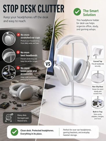 Headphone Stand【1PACK】 Headphone Holder with Storage Tray Compatible for Max Pro, Beats, Bose and Most Gaming Headphones. 【No Tools Required】 YO-2 (White) in Kuwait