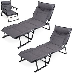 GYMAX 2 in 1 Convertible Lounge Chair Outdoor with Pad, Pillow, 6 Level Adjustable, Heavy Duty 375 LBS Portable Folding Camping Cot for Patio, Lawn, Yard in Saudi Arabia
