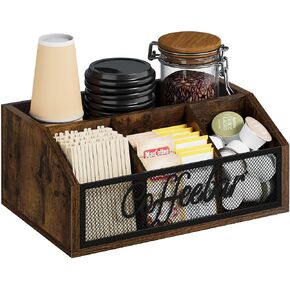 YINMIT Coffee Station Organizer for Countertop, Wood Coffee Bar Organizer with Removable Dividers for Pods, Syrup, Cups, Stirrer, Tea - Office Coffee Bar Accessories, Iron Mesh-Vintage Brown in Kuwait