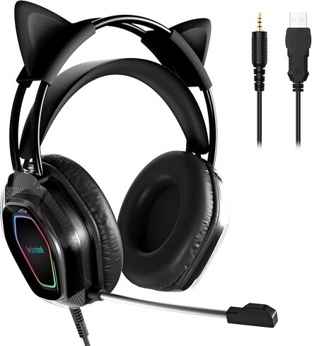 Wantek Cute Cat-Ear Gaming Headset - 50mm Drivers, Noise-Cancelling Mic, 3.5mm Wired Stylish & Lightweight Design (Black) in Kuwait